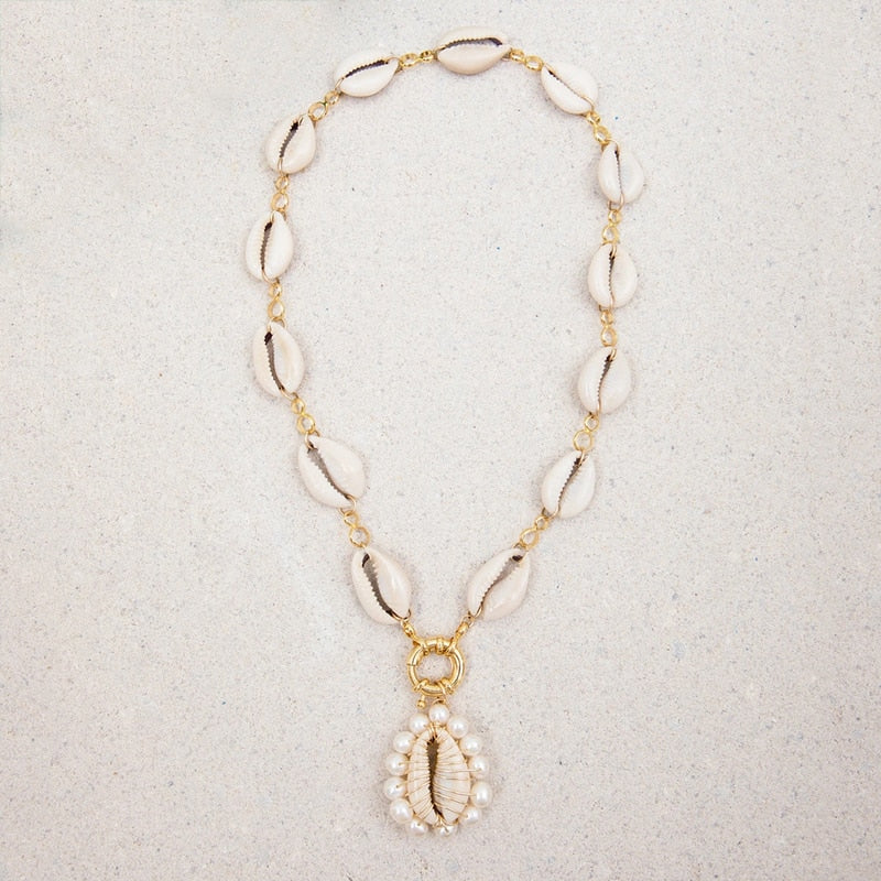 Boho semi-precious gemstone flower beads and mini faceted rondelle zircon crystal beads Scallop Conch shells Necklace - Charlie Dolly