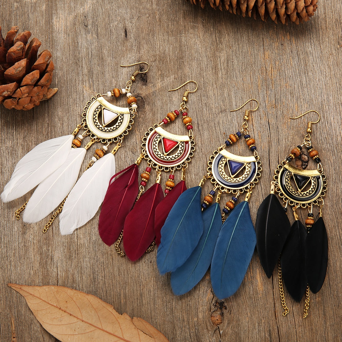 A Pair Boho Feather Dangle Women Earrings Beach Long Tassel Beads Handmade Flower Enamel Earrings Bride Wedding Party Gift - Charlie Dolly