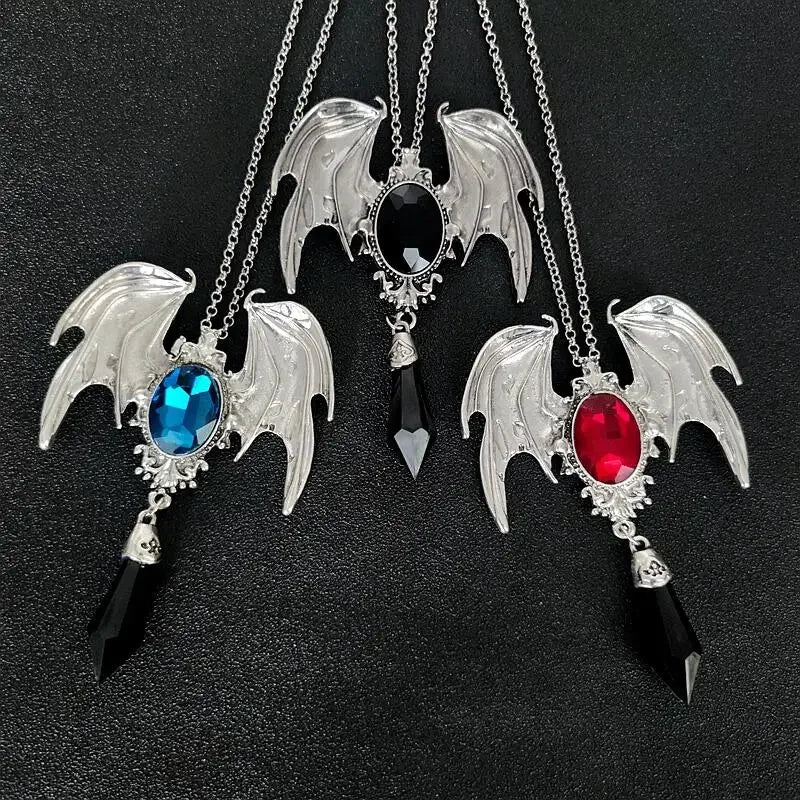 New Goth Halloween Necklace Blue Crystal Vampire Bat Pendant Blue Black Crystal Choker Necklace Punk Jewelry - Charlie Dolly