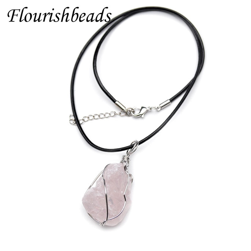 Irregular Rough Natural Rose Quartz Mineral Gemstone Wire Wrapped Jewelry Fashion Couple Decoration Pendant Necklace Party Gift
