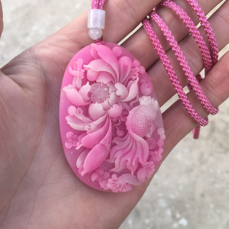 Peach Blossom Jade & Natural Opal Palace Style Sweater Chain Necklace, Fairy Talisman