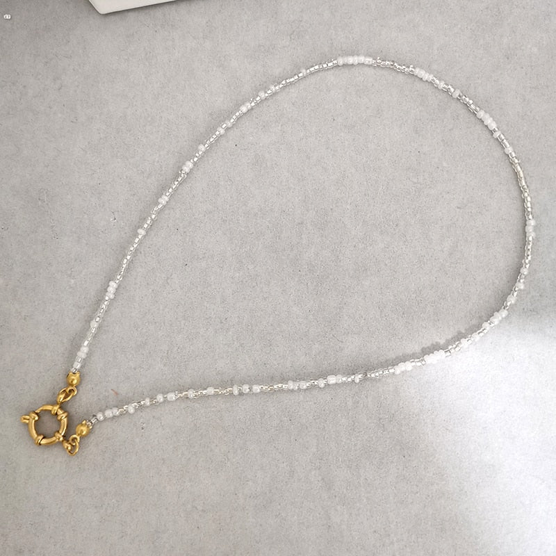 QMHJE Imitation Pearl Necklace Women Choker Seed Beads Rainbow Stainless Steel Clasp Sailor Buckle Base Chain Gold Color Boho - Charlie Dolly