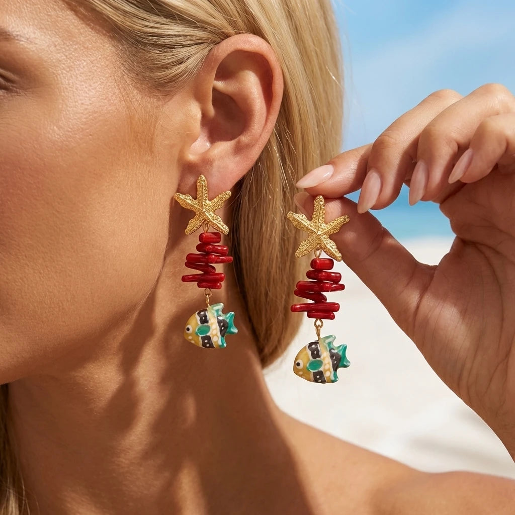Boho Ocean Theme Cute Ceramic Fish Drop Earrings For Women Textured Starfish Red Coral Stacked Earring Beach Vacation Jewelry