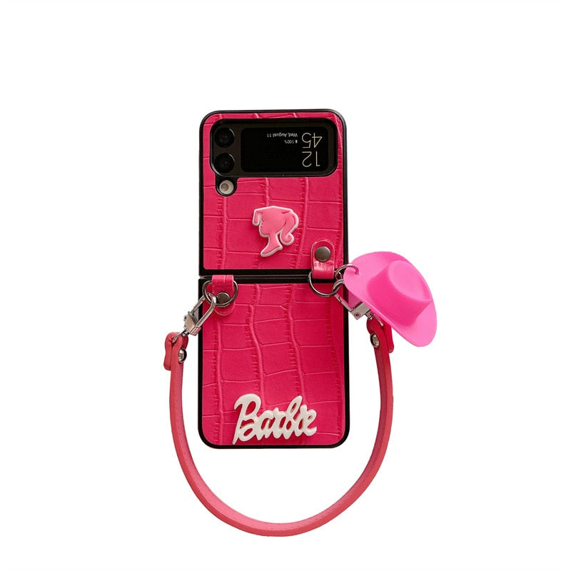 Barbie Suitable for Samsunggalaxy Z Flip34 Folding Screen Shell Fashion Women Smartphone Accessory Leather Case Keychain Gifts