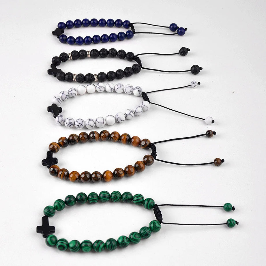 Tiger Eye Stone Beaded Bracelet, Handwoven Cross Knot Couple Set, Natural Gemstone Unisex Boho Chic Jewelry Gift for Men Women - Charlie Dolly