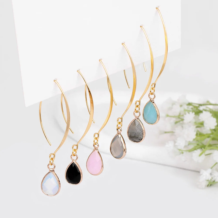 Natural Stone Teardrop Dangle Earrings, Amethyst Rose Quartz Elegant Party Jewelry