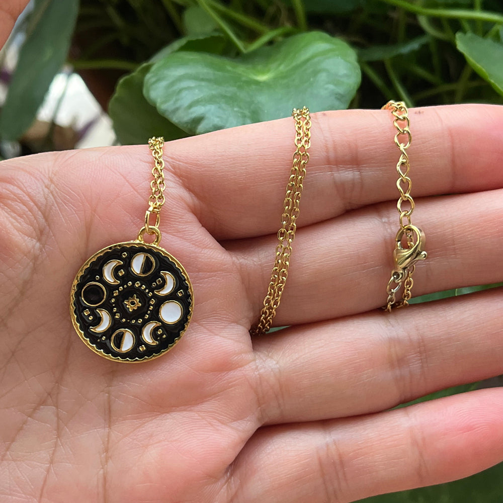Black Enamel Moon Phase Necklace Stainless Steel Chain Choker Women Witch Crescent Moon Jewelry Gift Celestial Moonology  Bijoux