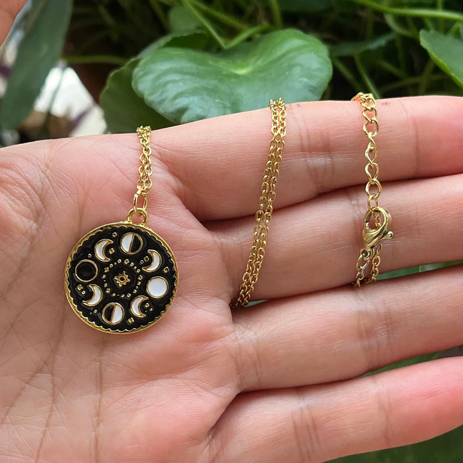 Black Enamel Moon Phase Choker Necklace, Gothic Witchy Celestial Talisman