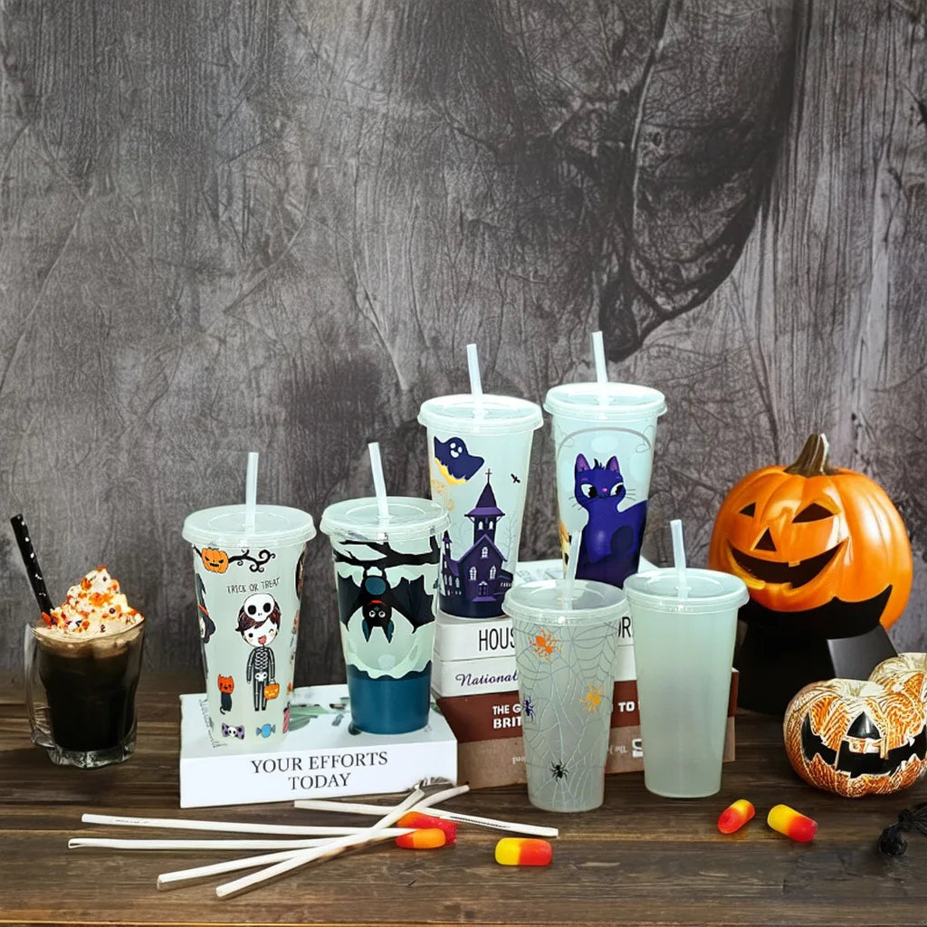 1PC 720ml Halloween Print Plastic Luminous Straw Cup Juice Milk Tea Coffee Cups for Party Supplies Funny Straw Cup Kitchen Drink - Charlie Dolly