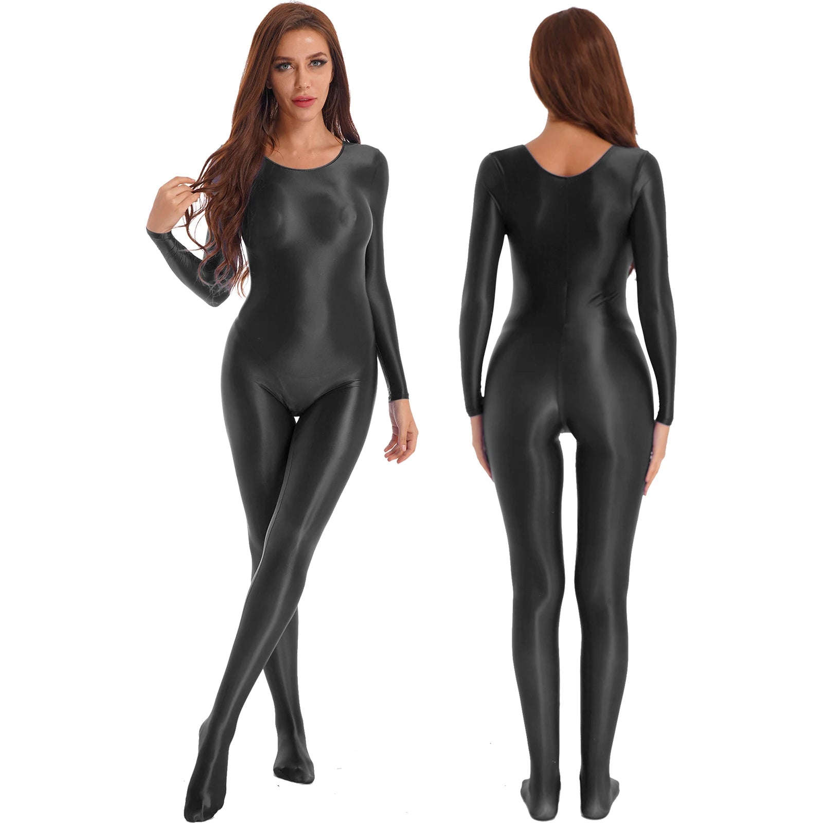 Womens Sexy Glossy Bodystocking Bodysuit Long Sleeve Jumpsuit Lingerie Nightwear Swimwear Gymnastics Yoga Sports Dance Leotard - Charlie Dolly