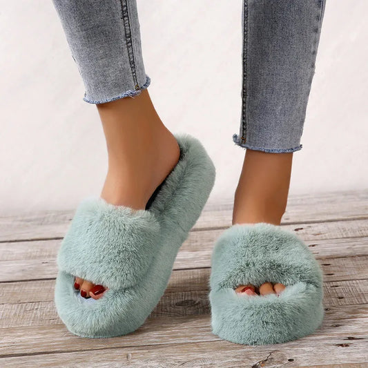 Winter Fur Women slippers 2023  Plush fluffy Home Slippers Women Cozy Soft Warm Furry Indoor House Shoes Platform Flip Flops 42 - Charlie Dolly