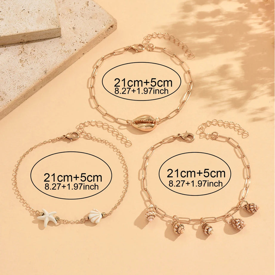 Cowrie, Conch and Starfish Stackable Gold Anklet Set (3 Pieces)
