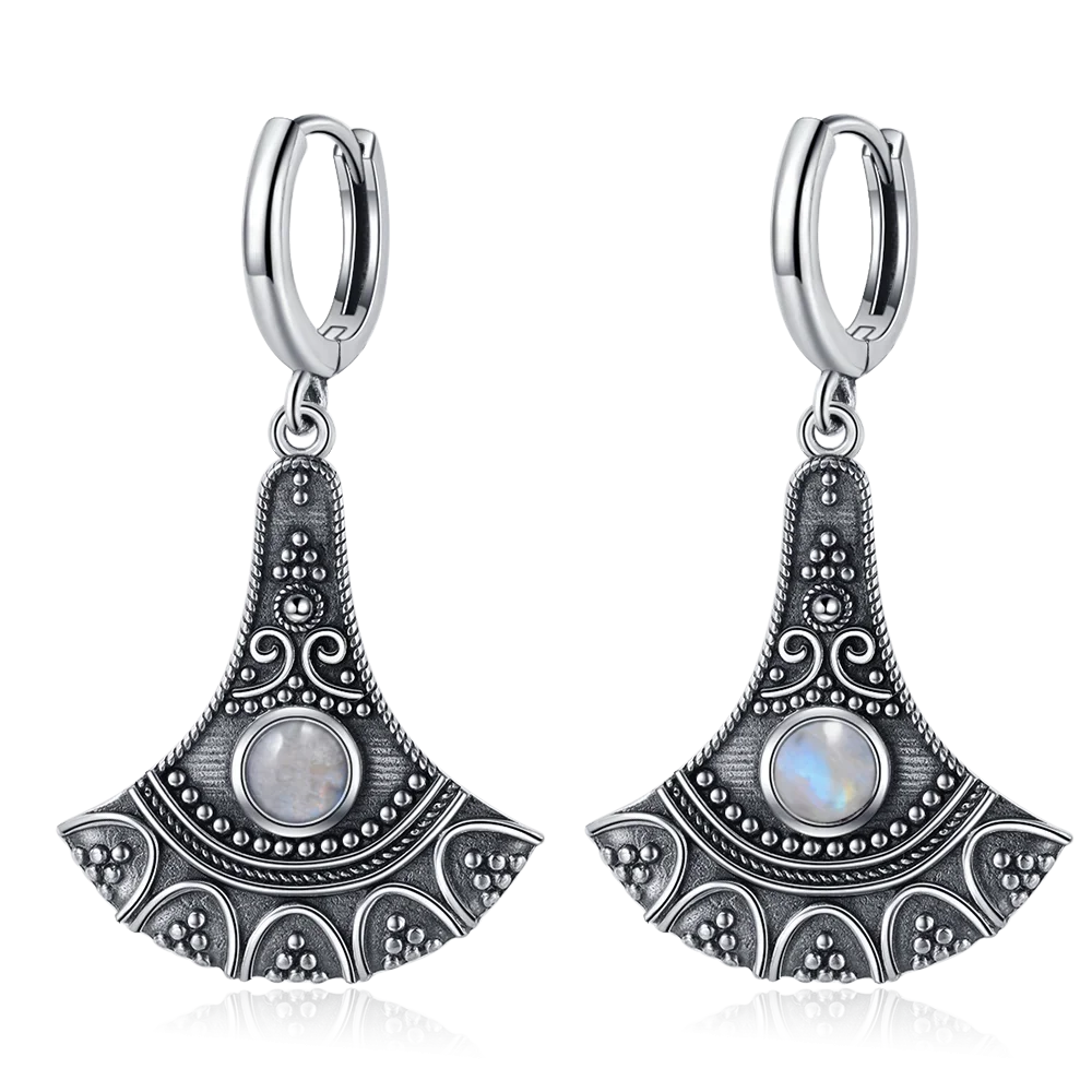 Natural Stone Sun Flower Hoop Earrings for Women, Vintage Antique Silver Turquoise Amethyst Labradorite Dangle Earring Wholesale