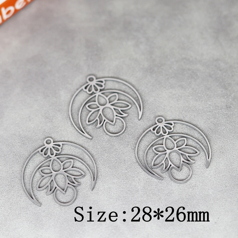 3pcs Exquiaite Amulet Moon Lotus Flower Charms DIY Craft Earrings Necklace Jewelry Making Yogo Buddhism Stainless Steel Pendant