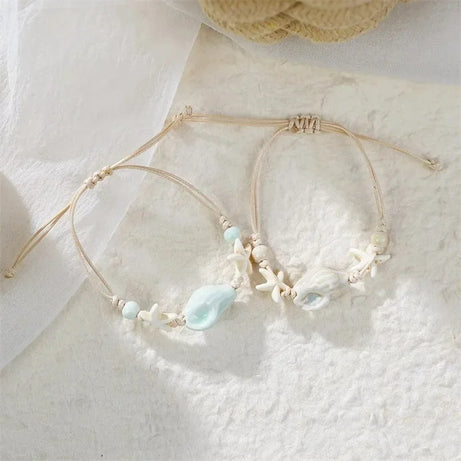 Bohemian Conch, Starfish and Shell Beaded Bangle Bracelet