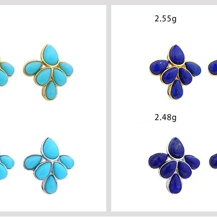 GEEZENCA 925 Silver Lapis Lazuli Turquoise Leaf Stud Earrings Women Gold Plated Trendy Dainty Lightweight Statement Earring Gift - Charlie Dolly