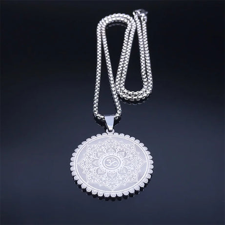 Om Lotus Mandala Yoga Necklace, Stainless Steel Buddhist Amulet