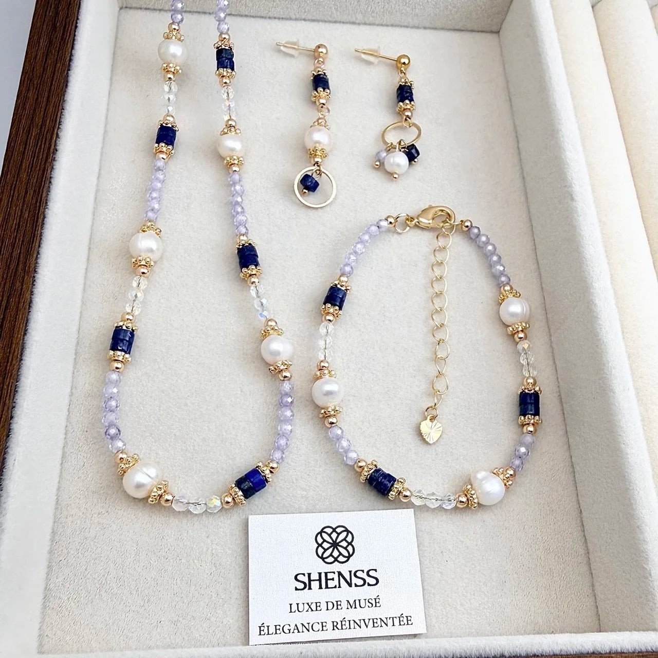 Lapis Lazuli Lavender Crystal Zircon & Freshwater Pearl Jewelry Set Necklace Bracelet Earrings 3 Piece Set Luxury High-End Style