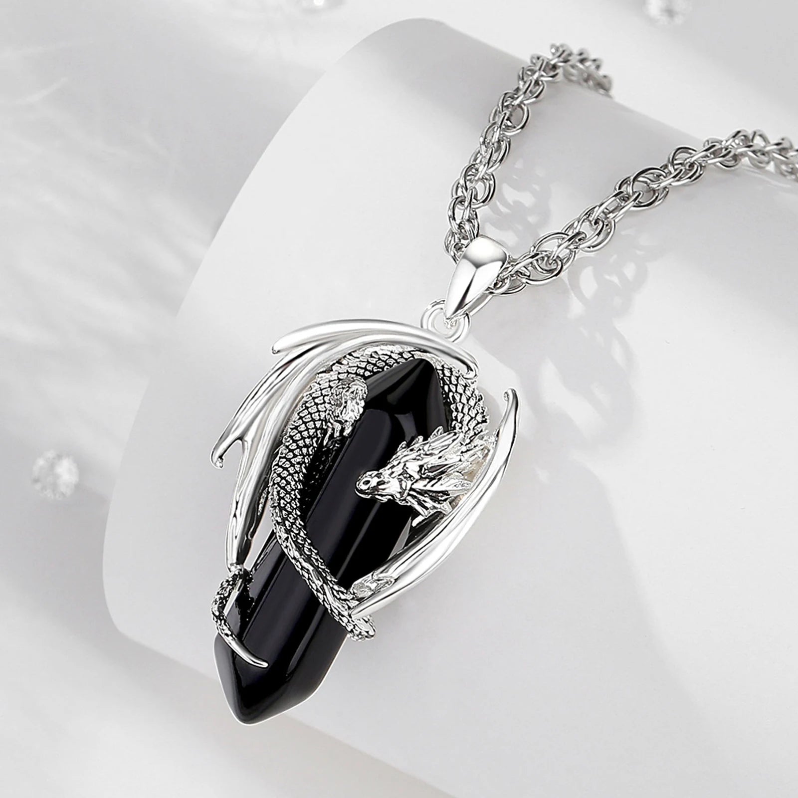 Eudora Dragon Twining Hexagonal Natural Obsidian Prismatic Necklace Punk Turquoise Amethyst Jade Pendant Malachite Jewelry Gift