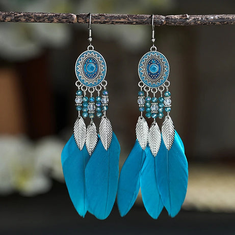 Feather Leaf Crystal Bead Long Earrings Jewelry