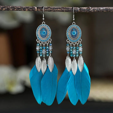 Boho Long Feather Drop Dangle Women's Earrings Leaf Tassel Crystal Beads Handmade Round Flower Enamel Wedding Bride Jewelry Gift