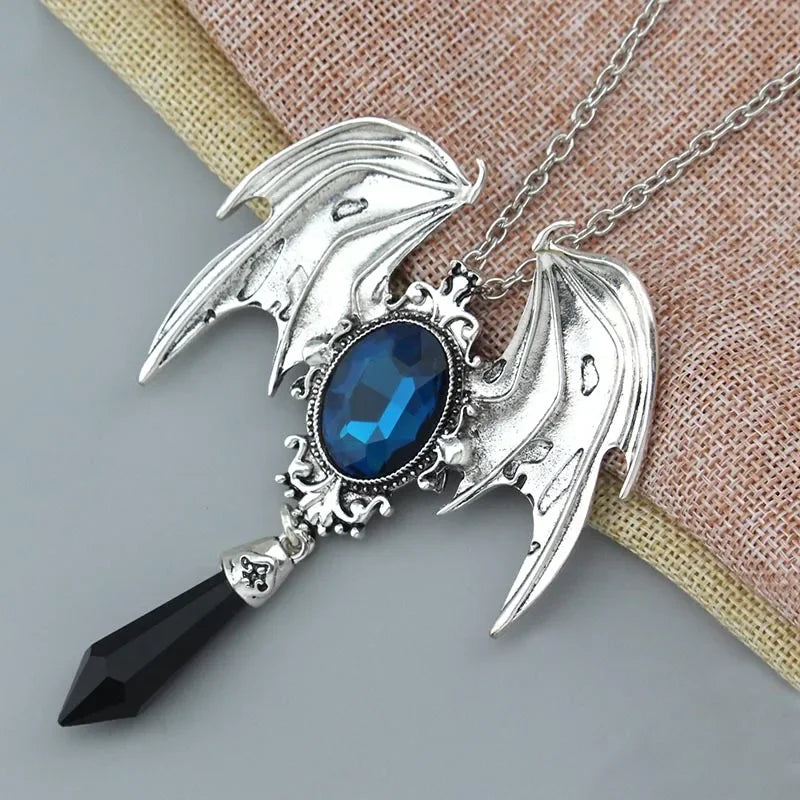 New Goth Halloween Necklace Blue Crystal Vampire Bat Pendant Blue Black Crystal Choker Necklace Punk Jewelry - Charlie Dolly