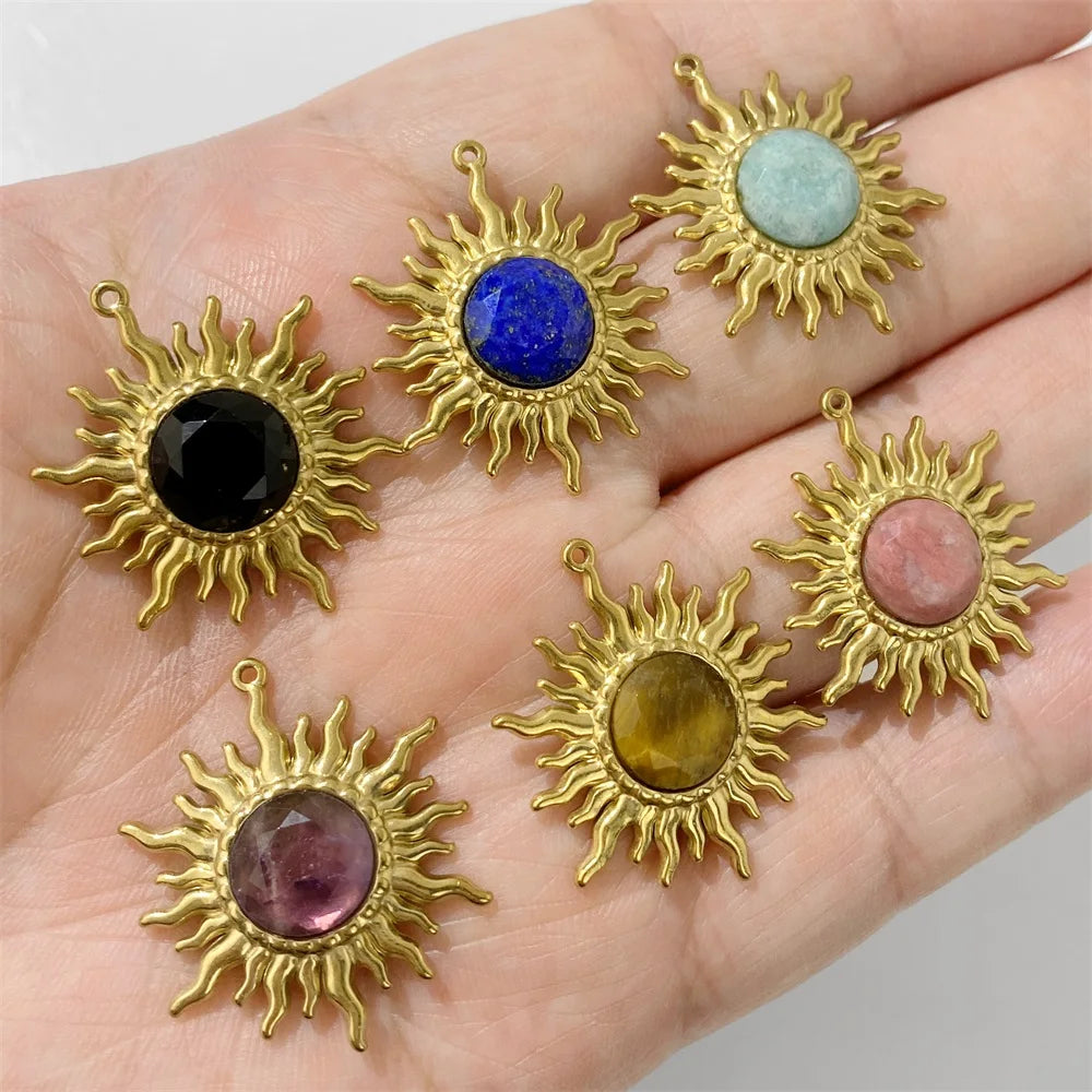 2pcs 25x30mm Gold Color Sun Shape Natural Stone Pendant Inlaid with Lapis Lazuli Gem Charm for Jewelry Making Necklace Earring - Charlie Dolly