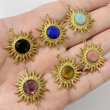 2pcs 25x30mm Gold Color Sun Shape Natural Stone Pendant Inlaid with Lapis Lazuli Gem Charm for Jewelry Making Necklace Earring