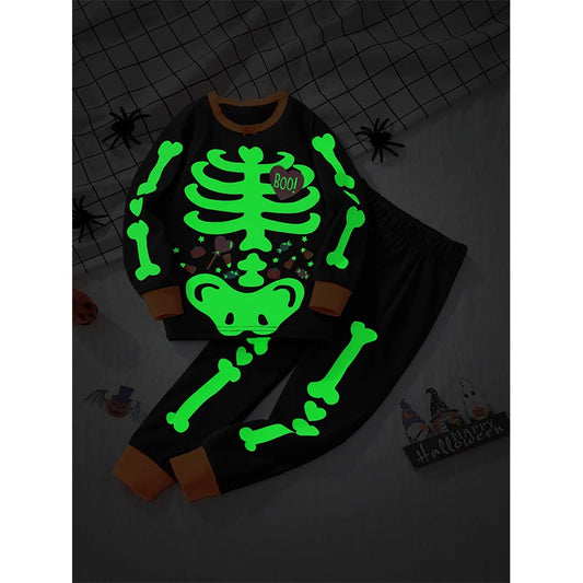 Halloween Little Girl Night Light Skull Print Long Sleeve T Shirt Trousers Set Kids Night Party Trick Or Treat Dress Up costume