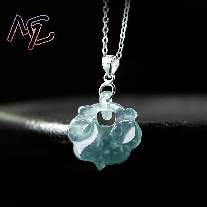 Blue Myanmar Jadeite Ruyi Pendant Necklace Burmese Jade Natural Gemstone Lucky Luxury Carved Amulet Fashion Accessories