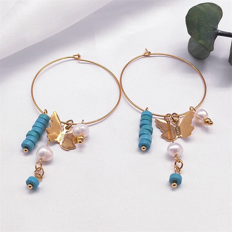 Boho Butterfly Pearl Tassel Hoop Earrings for Women Stainless Steel Blue Bead Dangle Earring Kpop Party Jewelry Gift - Charlie Dolly