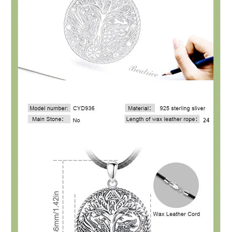 S925 Sterling Silver Viking Raven Wolf Pendant Necklace, Celtic Knot Tree of Life Compass Amulet