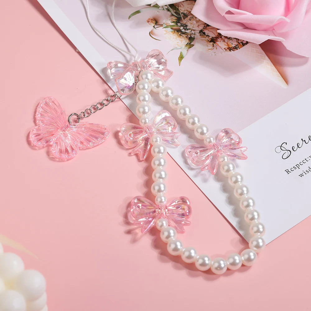Pink Butterfly Pearl Bow Phone Chain Anti-Lost Bracelet For Mobile Phone Case Wrist Strap Lanyard Phone Keychain Portable Chain