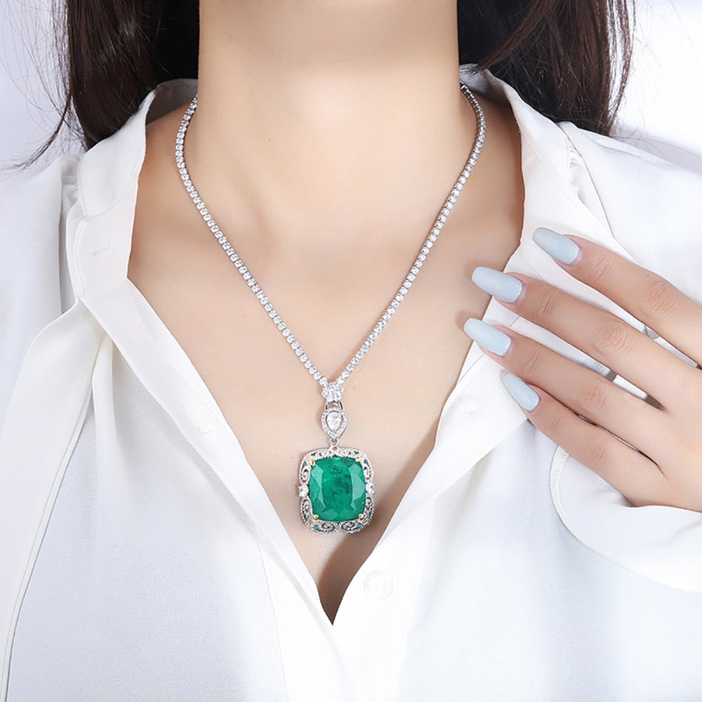 Luxury Vintage 20*23mm Emerald Pendant Tennis Chain Necklace for Women Lab Diamond Cocktail Party Fine Jewelry Accessories Gift
