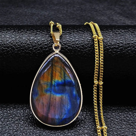 Boho Blue Labradorite Palm Necklace Water Drop Natural Healing Gem Stones Pendant Necklaces Reiki Moonstone Energy Jewelry NHH31 - Charlie Dolly