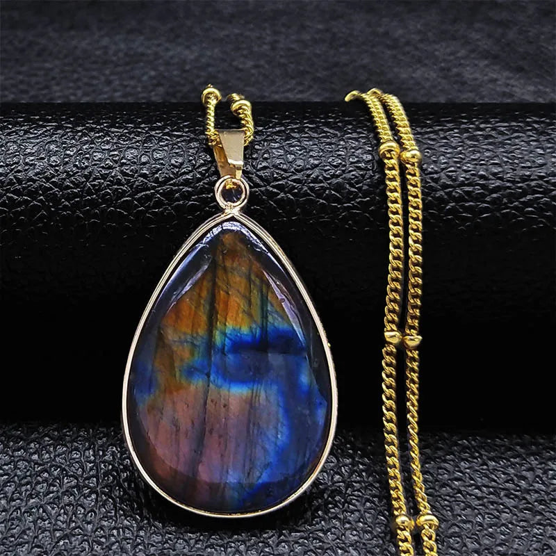 Boho Blue Labradorite Palm Necklace Water Drop Natural Healing Gem Stones Pendant Necklaces Reiki Moonstone Energy Jewelry NHH31