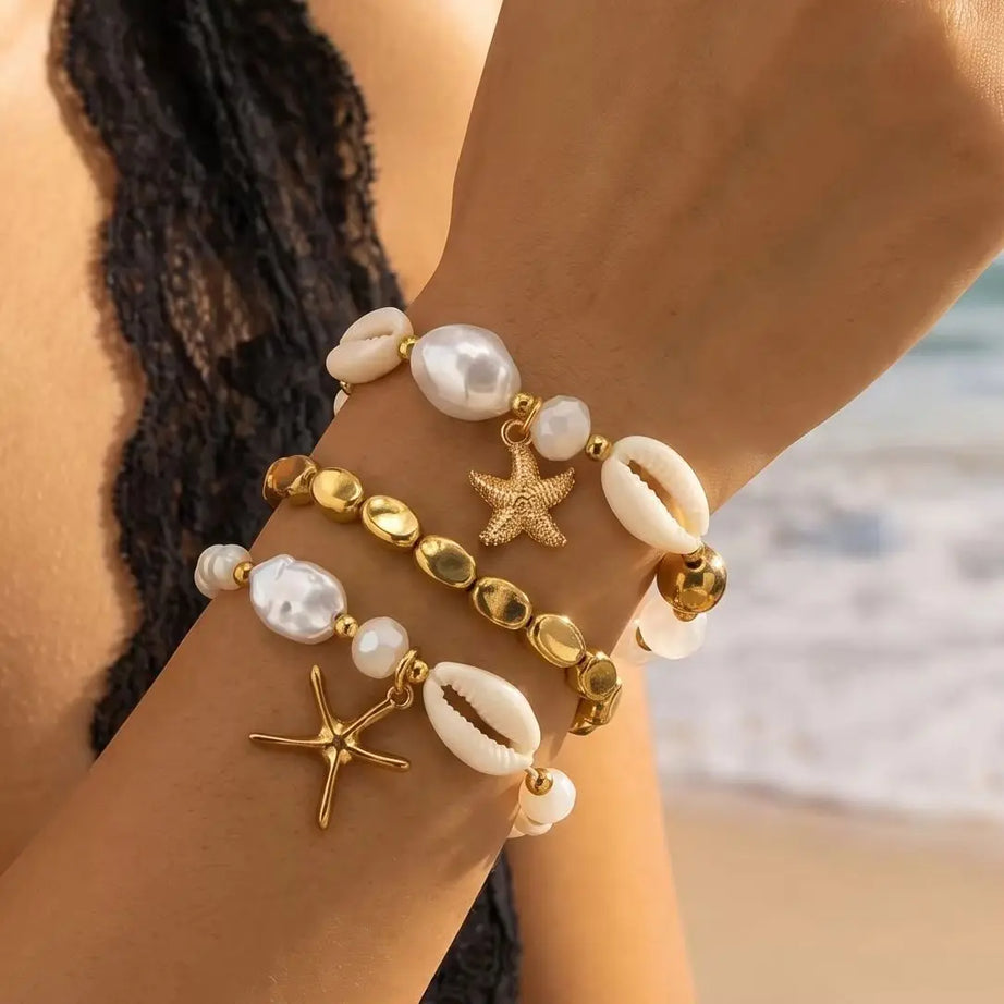 Dainty Shell and Starfish Stacked Elastic Bracelet Set