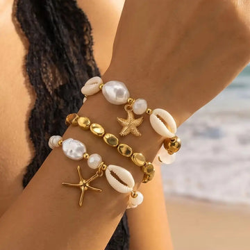 Boho Shell Imitation Pearl Elastic Bracelet Set for Women Dainty Starfish Stacked Beaded Bracelets Summer Beach Jewelry Gift
