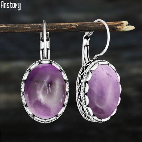 Oval Amethysts Earrings For Women Tibetan Silver Natural Stone Rose Quartz Lapis Lazuli Tiger Eye Fashion Earring - Charlie Dolly