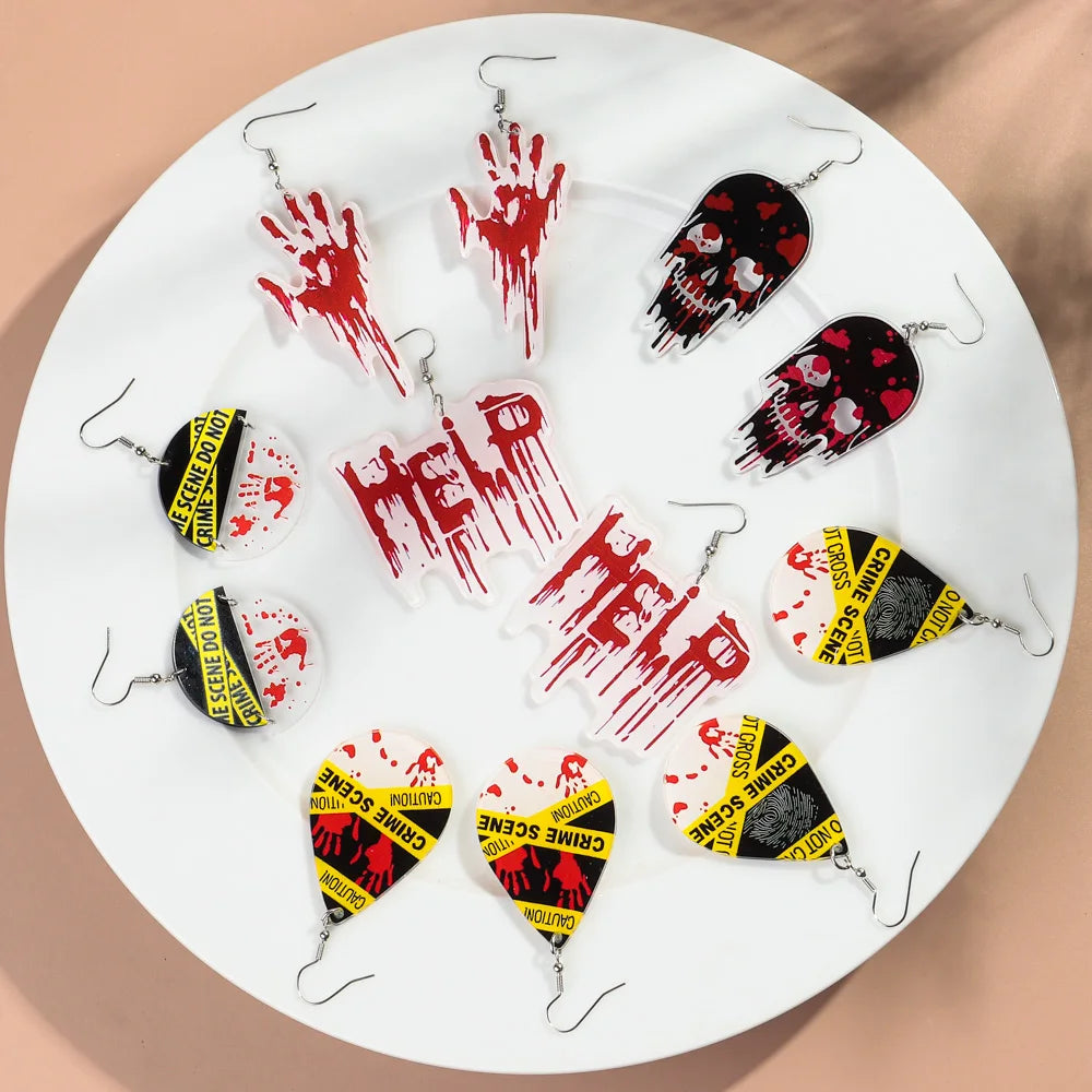 Horror Bleeding Hand Acrylic Halloween Earrings for Women New Gothic Blood Skull HELP Drop Pendant Earring Party Jewelry Gifts - Charlie Dolly