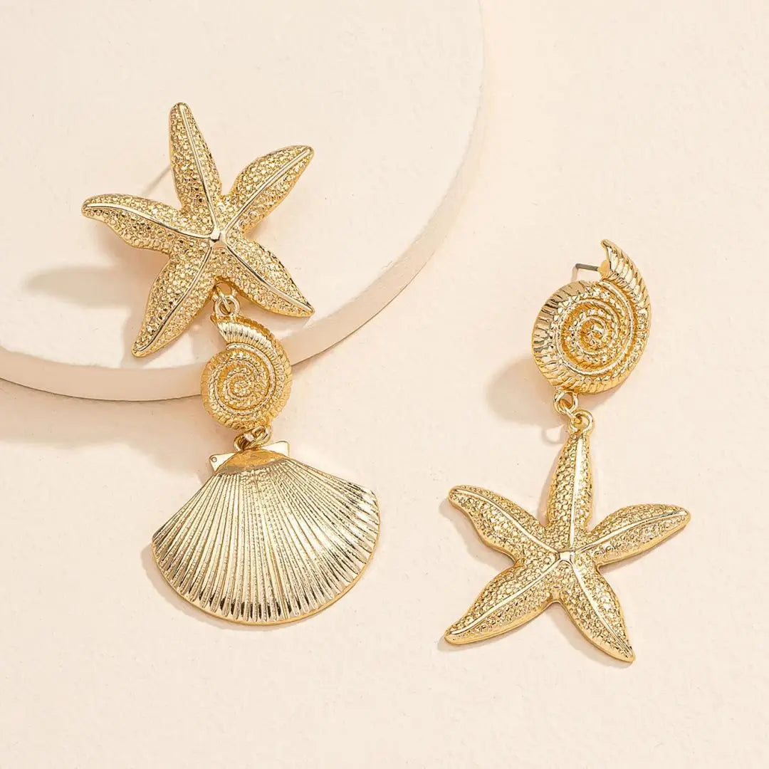 Boho Fashion Asymmetric Starfish Shell Pendant Earrings For Women Trendy Metal Star Earrings Beach Vacation Party Jewelry Gifts