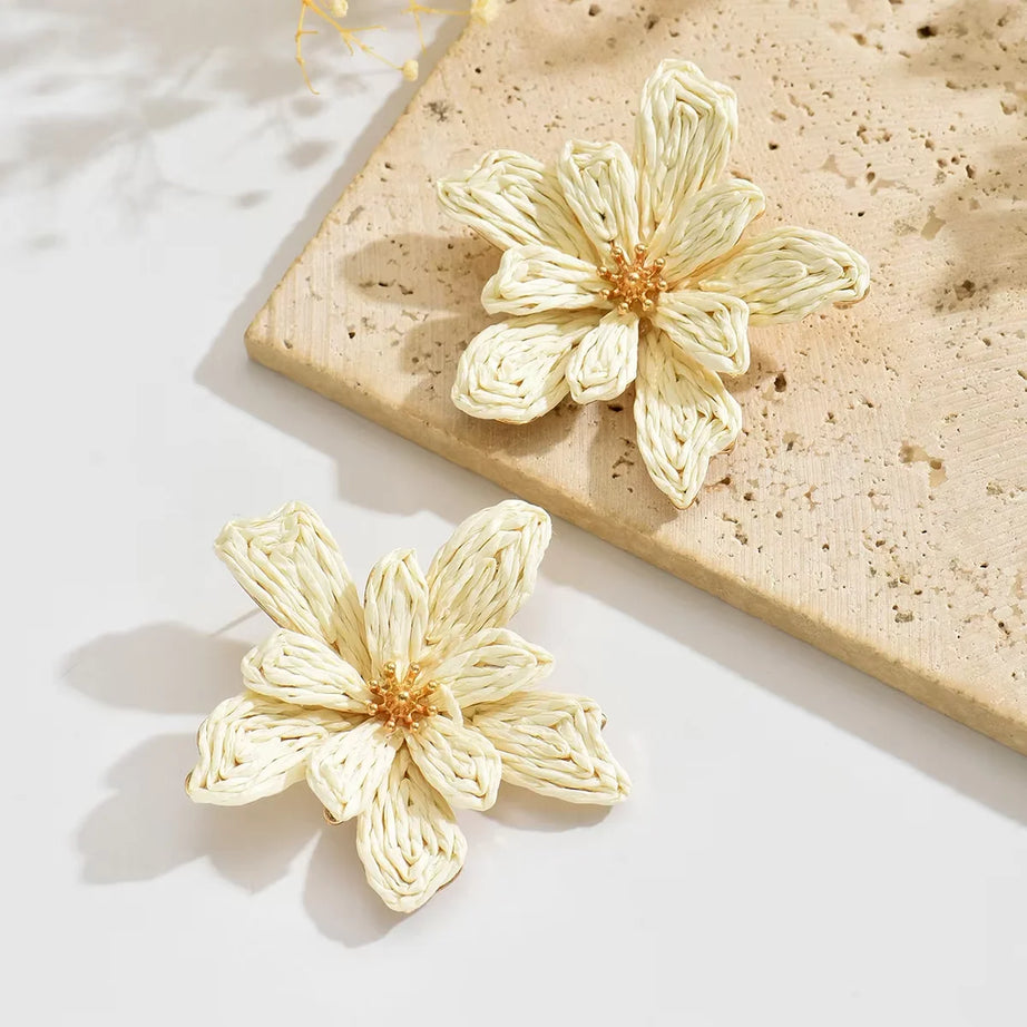 Raffia Woven Flower Boho Earrings Jewelry