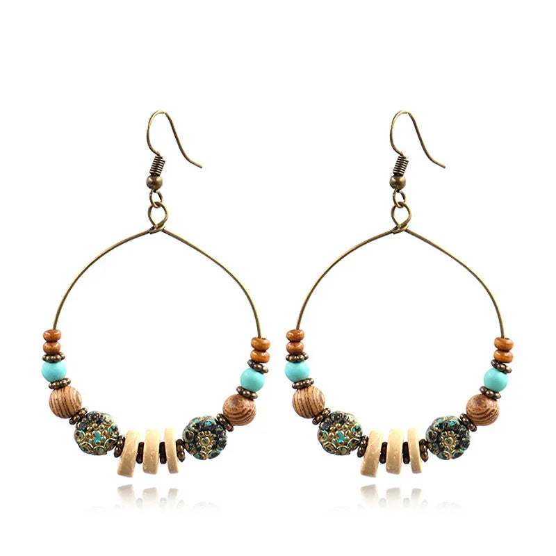 DOUVEI 2021 Ethnic Bohemia Women's Gypsy Big Bronze Wood Beads Round Drop Boho Earrings Vintage Style For Female HQE741