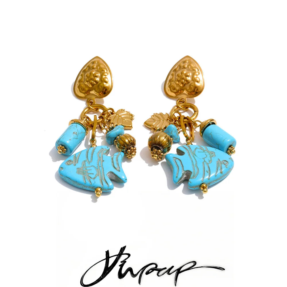 Yhpup Ocean Series Stainless Steel Blue Natural Stone Fish Drop Charm Earrings 18K Gold Color PVD Plated Summer Women Jewelry