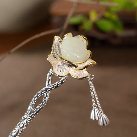 Natural Hotan Jade Lotus Flower Jewelry Set, Necklace Ring Bracelet Hairpin Boutique