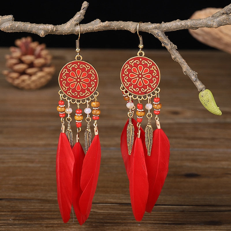 Boho Long Feather Dangle Women's Earrings Beach Long Tassel Beads Handmade Flower Enamel Earrings Bride Wedding Pendientes Mujer - Charlie Dolly