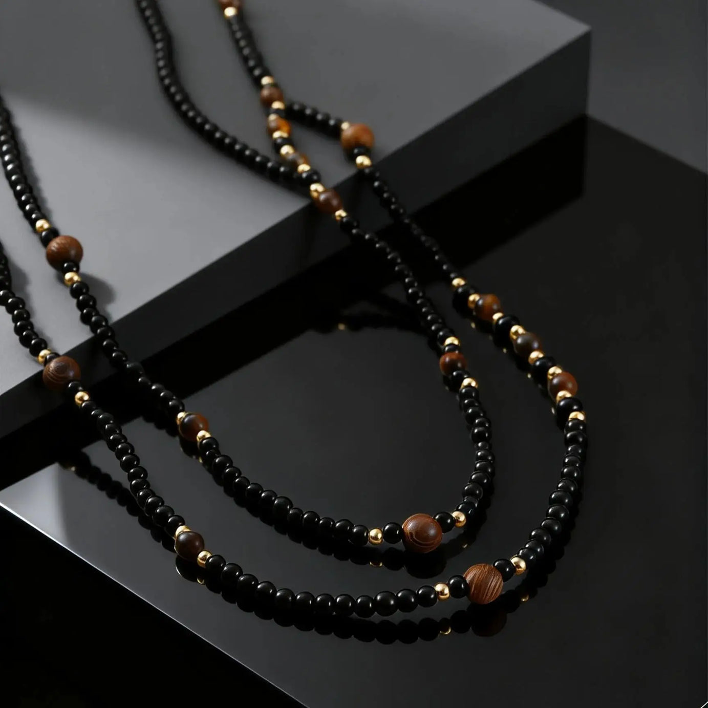 Black Agate Natural Stone Tiger Eye Beads Chain Necklace for Men, Retro Long Sweater Chain Necklace, Fashion Boho Jewelry Gift - Charlie Dolly