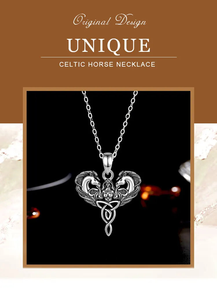 Eudora 925 Sterling Silver Celtic Horse Girl Pendant Goddess Trinity Knot Necklace Pagan Spiritual Jewelry Gift for Women Men