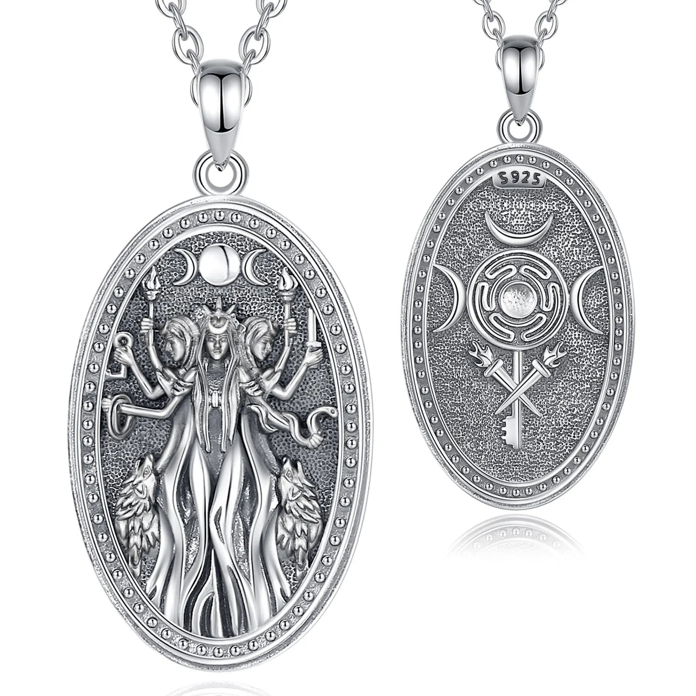 Triple Moon Goddess Hecate Hound Necklace, S925 Sterling Silver