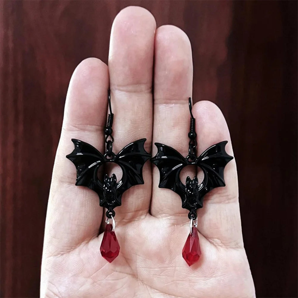 Gothic Vampire Bat Earrings Retro Dark Red Crystal Drop Earrings for Women Man Fashion Witch Jewelry Halloween Accessories Gifts - Charlie Dolly